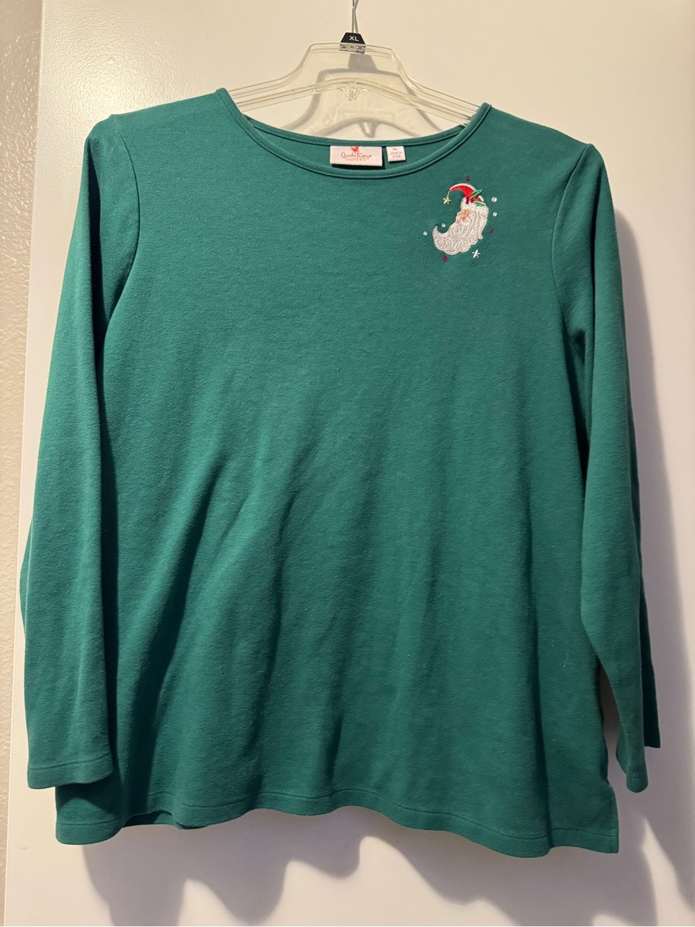 Quacker Factory Teal Long-Sleeve Girls Holiday Top with Santa Embroidery